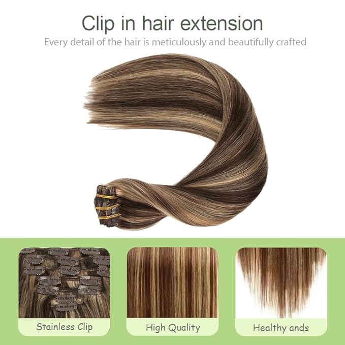 18 Inch P4/27 Blonde Clip in Hair Extensions - Real Remy Human Hair, 120g 7pcs, Highlight Blonde Human Hair Extensions Clip ins for Women