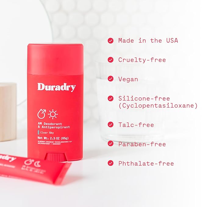 Duradry Clinical-Strength Antiperspirant for Women and Men – Clean formula with natural ingredients for armpit odor and excessive sweat protection –Clear Sky (Crisp Pear + Vanilla), 3-Pack.
