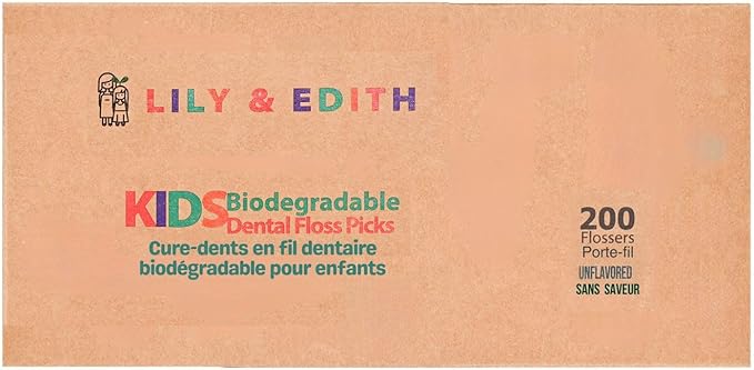 LILY & EDITH Kids Biodegradable Dental Floss Picks 200 Counts, Fluoride Free, Plant Based Material, Fun Animal Flossing Sticks, Ultra Sturdy Thread, Zero Waste Package (Unflavored)