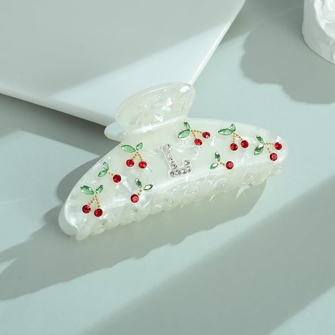 LILIE&WHITE Christmas Gift Acrylic Cherry Letter Hair Clips For Women With RhinestonesInitial Hair Claws For Thick Hairs Trendy Monogram Large Clips Fashion Big Claw Clip Jewelry Gift Alphabet L