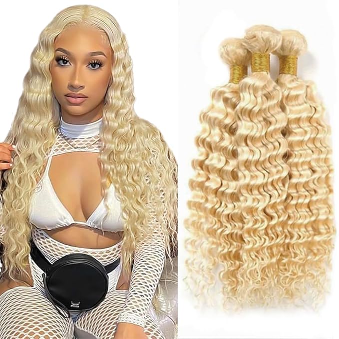 Freiuoke Blonde Human Hair Bundles 613 Deep Wave Bundle Brazilian Unprocessed Virgin Hair 3 Bundles 16 18 20 Inch Blonde Deep Wave Bundle