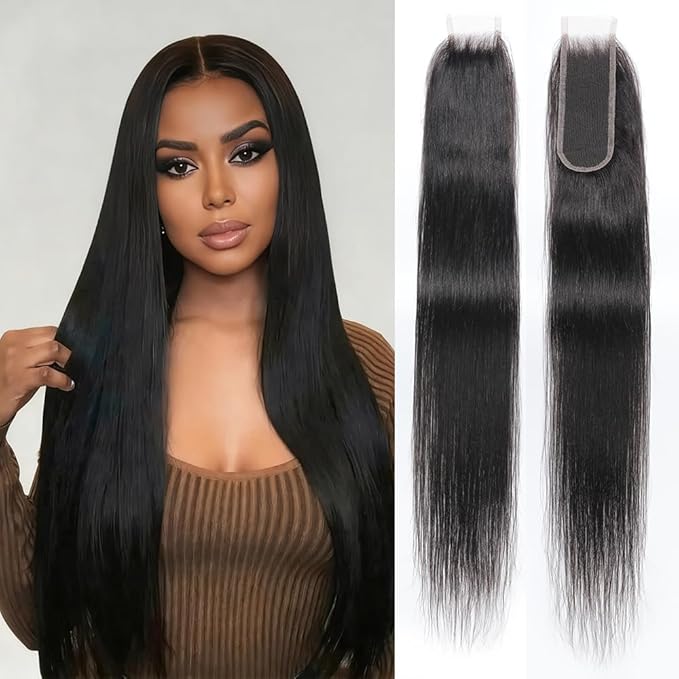 2x6 HD Lace Closure Straight With Raw Human Hair HD Lace 0.10 mm Invisible Ultra-Thin HD Lace Single Knot Pre-Plucked Brazilian Virgin Human Hair Nature Black 16 Inch