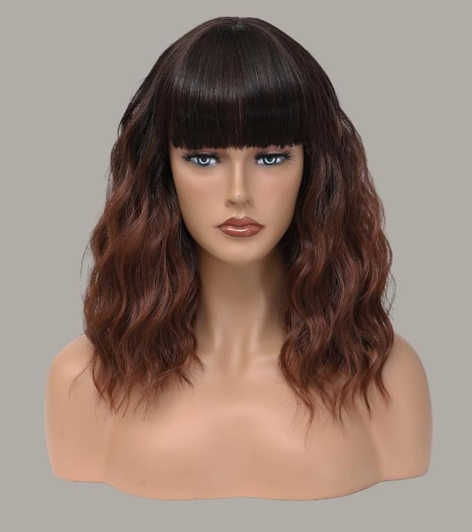 WAVE&BREEZE Short Auburn Wigs with Bangs 14Inch Ombre Auburn Curly Bob Wig for Women Shoulder Length Natural Looking Hair Replacement Wig for Daily Party Use Cosplay Costume Halloween Wig