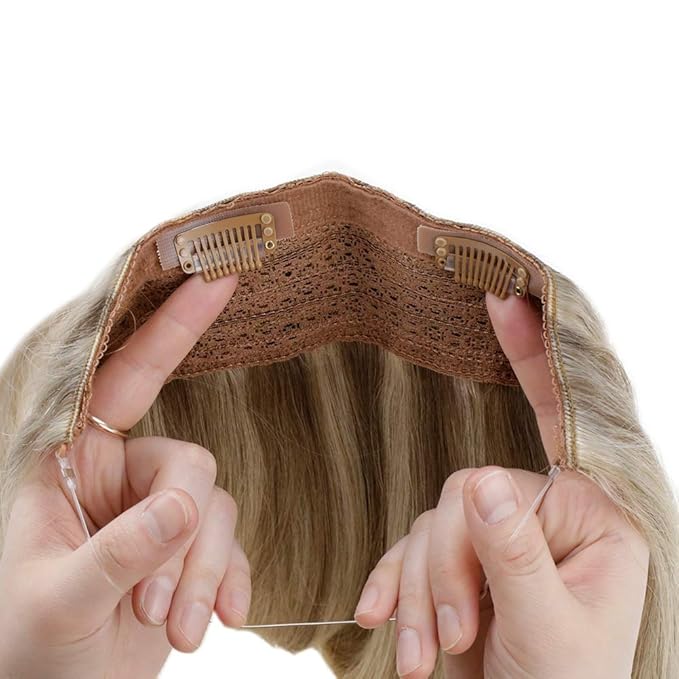 RUNATURE Invisible Wire Hair Extensions Real Human Hair, One Piece Fish Line Hair Extensions, Full Head Remy Hair for Women, Natural Looking, Brown Highlight Blonde 16 Inch 80g #8P24