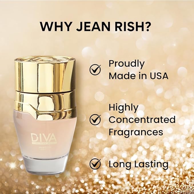 Jean Rish Diva Eau De Parfum for Women, (3.4 Fl Oz / 100ml) with Pink Pepper-Rose-White Musk - Long Lasting and Luxury Fragrance, Made in USA