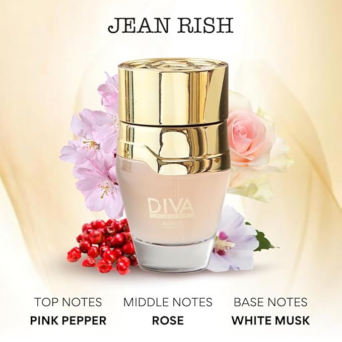 Jean Rish Diva Eau De Parfum for Women, (3.4 Fl Oz / 100ml) with Pink Pepper-Rose-White Musk - Long Lasting and Luxury Fragrance, Made in USA