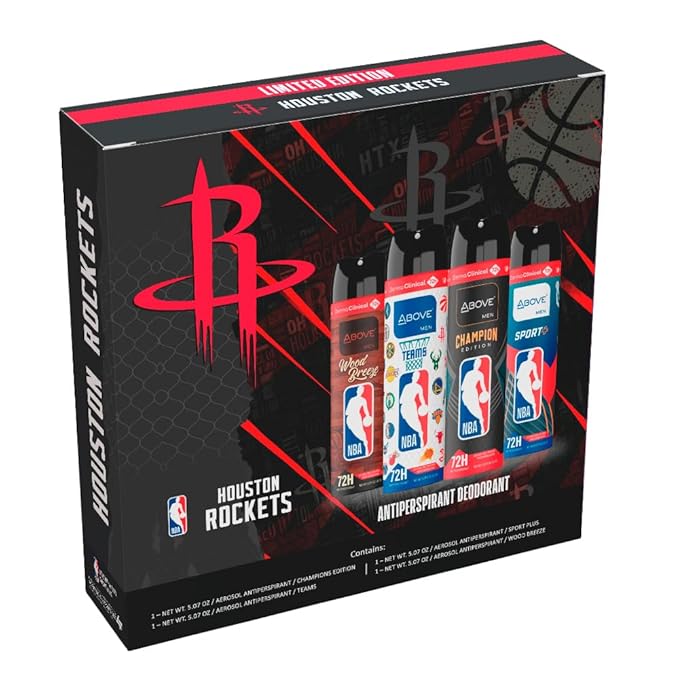Above NBA – Houston Rockets Deodorant Gift Set – A Giftable Set for Rockets Fans – Antiperspirant Spray, 4 Signature Scents, 72h Protection, Dry Spray, No Stains – 5.07 oz, Pack of 4
