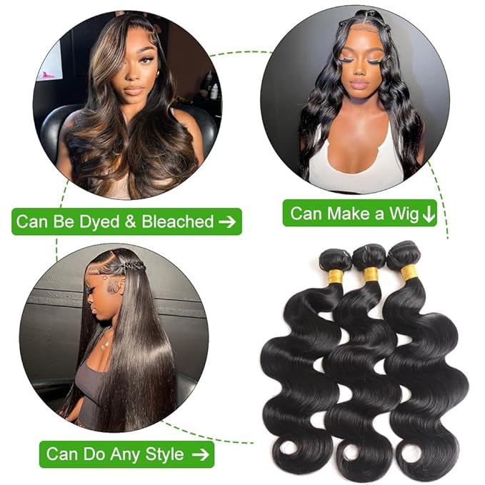 Human Hair Bundles 26 28 30 Inch Body Wave 100% Unprocessed Brazilian Virgin Hair Quick Weave 3 Bundles Real Human Hair Extensions Natural Black