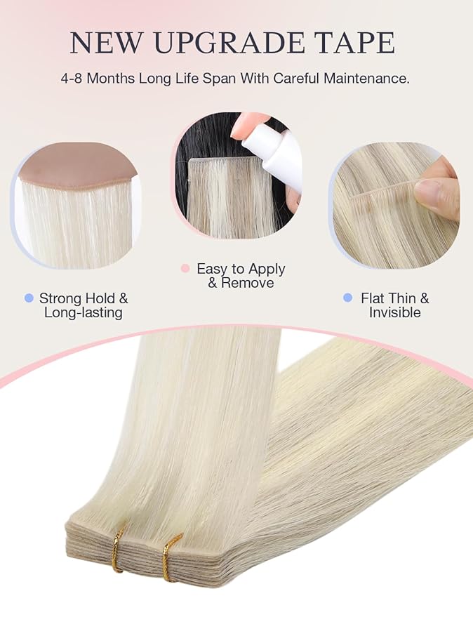 DOORES Invisi Edge Tape in Hair Extensions, Ash Blonde Highlighted Platinum Blonde 10 Injection Tape-ins with 10 Classic Tape-ins 50g 20 Inch, Virgin Human Hair Extensions