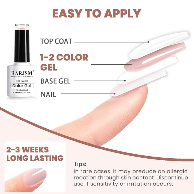 RARJSM Nude Sheer Jelly Pink Gel Nail Polish Set of 6 Transparent Colors LED UV Gel Soak Off Clear Taffy Brown Milky White French Manicure Nail Gelpolish Varnish Curing Requires 7.5ml for Home Salon