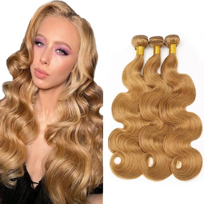 Honey Blonde Body Wave Bundles Human Hair #27 Human Hair Bundles 14 16 18 Inch Color 27 Body Wave Bundles Hair Weave Blonde Bundles Soft Real Hair