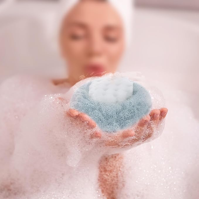 Super Soft Sunflower Suction Cup Bath Ball, 2 in 1 Exfoliating Bath Sponge, Loofah with Suction Cup, Body Sponges for Shower, Bathing Sponges for Women (Blue + Beige)