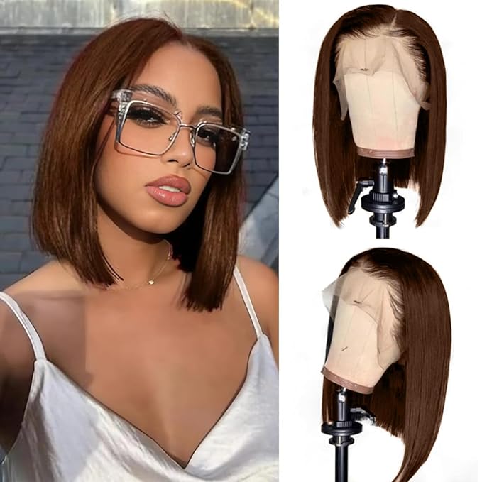 LICHANG Bob Chocolate Brown 13x4 Straight HD Transparent Lace Front Wig 200% Density 12 Inch