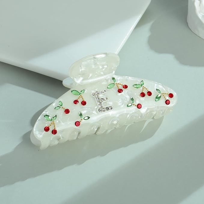 LILIE&WHITE Christmas Gift Acrylic Cherry Letter Hair Clips For Women With RhinestonesInitial Hair Claws For Thick Hairs Trendy Monogram Large Clips Fashion Big Claw Clip Jewelry Gift Alphabet E