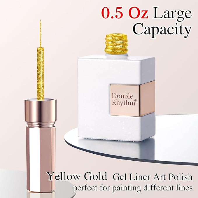 Double Rhythm 15 Ml Metallic Gel Liner Nail Art Gel Bronze Mirror Chrome Painted Drawing Stripper 3D Effect Gel Polish (Glitter Yellow Gold-L1008)