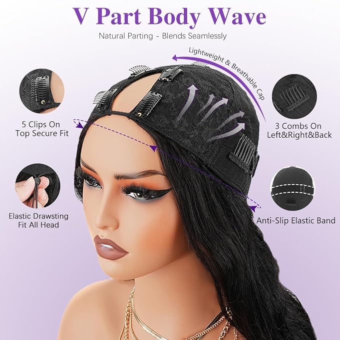 V Part Wigs Human Hair Body Wave 18 Inch Upgrade Glueless U Part Wigs With Drawstring 200% Density No Leave Out No Sew In V Shape Half Wig For Women Beginner Friendly Natural Black
