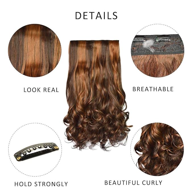 REECHO 20" 1-Pack 3/4 Full Head Curly Wave Clips in on Synthetic Hair Extensions HE008 Hairpieces for Women 5 Clips 4.5 Oz per Piece - Dark Brown with Chestnut Highlights