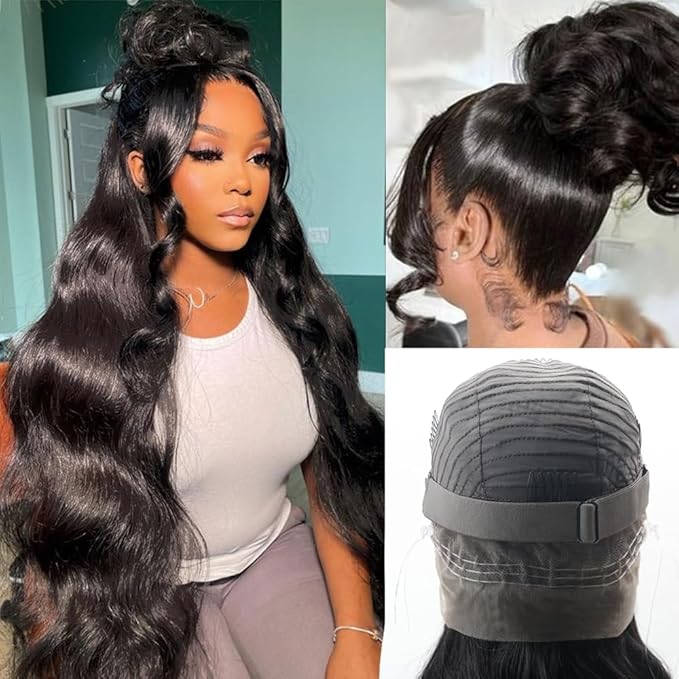 Hidden Strap 360 Lace Front Wigs Human Hair 220% Density Body Wave HD Lace Front Wigs with Drawstring 360 Full Lace Wigs for Women Pre Plucked with Baby Hair Natural Color 20 Inch