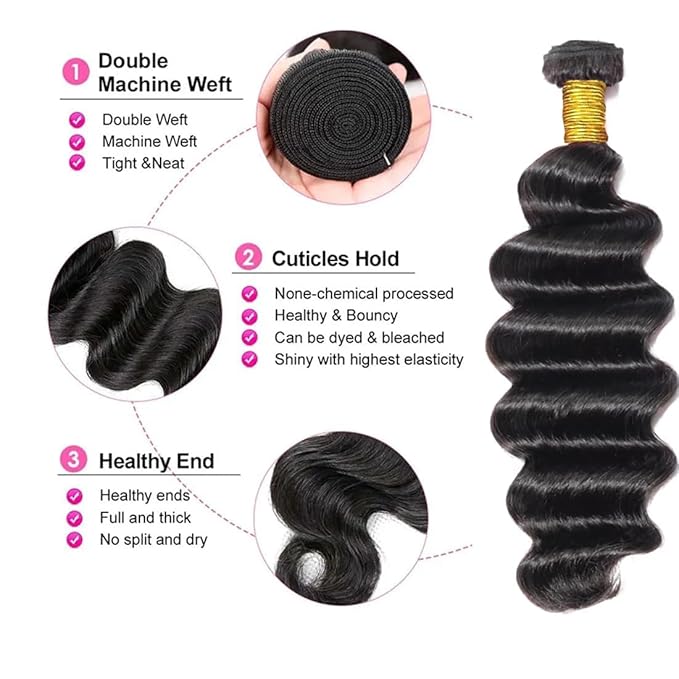 Loose Deep Wave Bundles 3 Bundles Human Hair 12 14 16 Inches 12A Brazilian Virgin Weave Bundles Human Hair Extensions Natural Color Double Weft 3 Bundles Human Hair