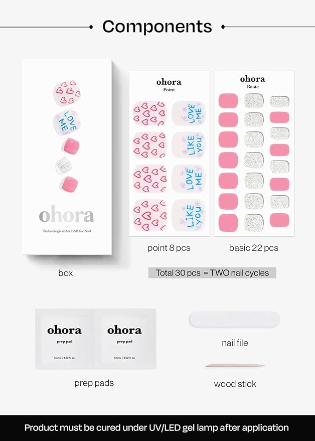 ohora Semi Cured Gel Pedicure Strips (P Sweetie Pie) - Works with Any Nail Lamps, Salon-Quality, Long Lasting, Easy to Apply & Remove - Includes 2 Prep Pads, Nail File & Wooden Stick