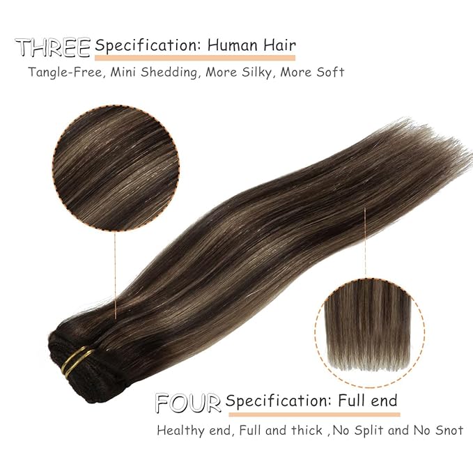 Caliee Hair Extensions Clip in Human Hair Ombre Dark Brown #2 to Dark Brown #2 and Chestnut Brown #6 with Lace Straight Real Human hair, 120g, 7Pcs 14 inch