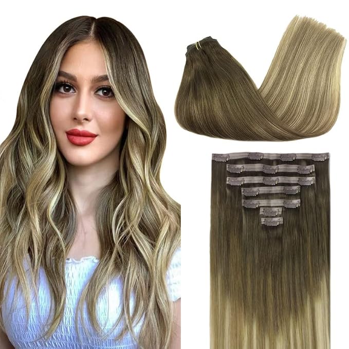 GOO GOO Clip in Hair Extensions Real Human Hair, Remy Human Hair Extensions Clip ins for Women, Natural Human Hair, 22inch 110g 7Pcs, 3/8/613 Balayage Walnut Brown to Ash Brown and Bleach Blonde