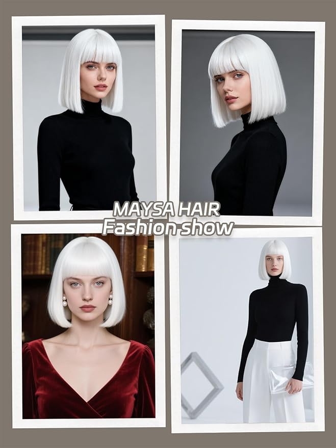MAYSA White Bob Wig with Bangs Short Straight Bob Wigs 12in Synthetic Cosplay Daily Party Colorful Wigs for White Women # White