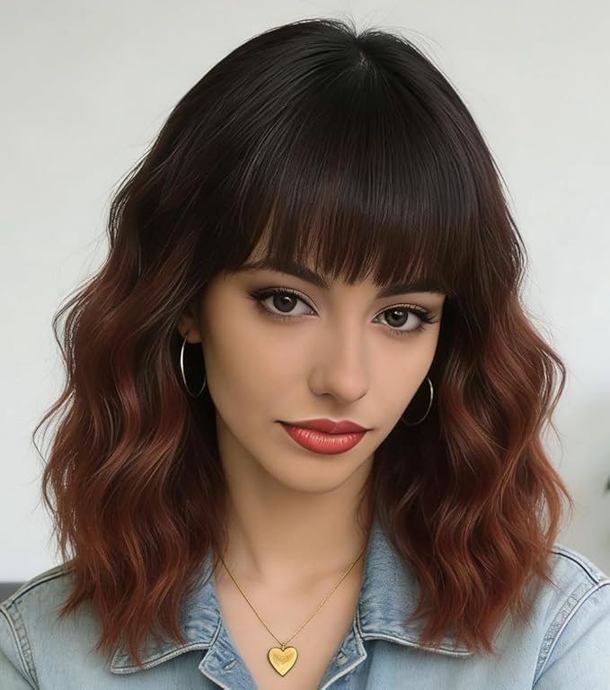 WAVE&BREEZE Short Auburn Wigs with Bangs 14Inch Ombre Auburn Curly Bob Wig for Women Shoulder Length Natural Looking Hair Replacement Wig for Daily Party Use Cosplay Costume Halloween Wig