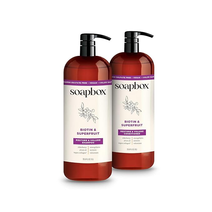 Soapbox Biotin & Superfruit Shampoo & Conditioner Set with Vegan Collagen, Aloe and Shea Butter, Harsh Sulfate Free, Paraben & Silicone Free, 1 Liter Each (Pack of 2)