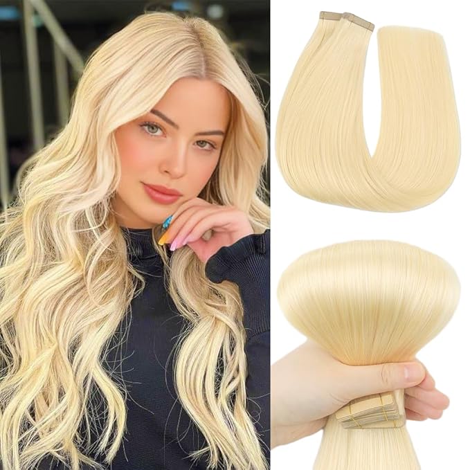 Tape in Hair Extensions Blonde Tape ins 16 Inch Hair Extensions Tape in Human Hair Extensions 20pcs Natural Hair Invisible Glue Platinum Blonde(60#,16 Inch)