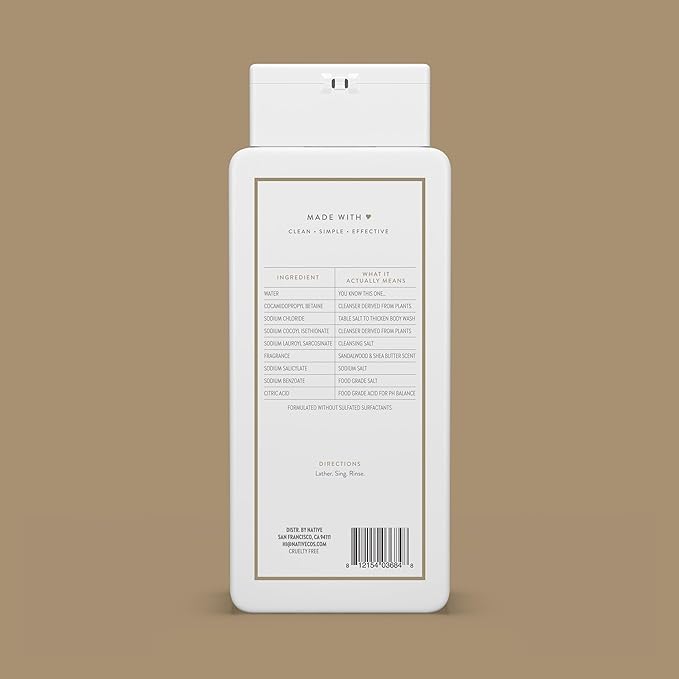Native Body Wash Contains Naturally Derived Ingredients | For Women & Men, Sulfate, Paraben, & Dye Free Leaving Skin Soft and Hydrating | Sandalwood & Shea Butter 18 oz