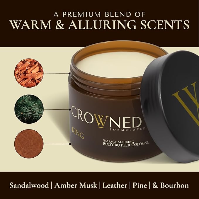 Crowned Skin King Cologned Body Butter for Men | Warm & Sensual | New Moisturizing Formula Scented with Sandalwood & Leather | Infused with Organic Shea & Mango Butters | All-Day Fragrance | 4.4oz