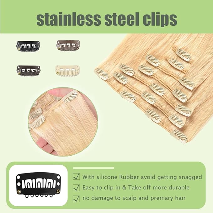 18 Inch #613 Blonde Clip in Hair Extensions - Real Remy Human Hair, 120g 7pcs, Blonde Human Hair Extensions Clip ins for Women