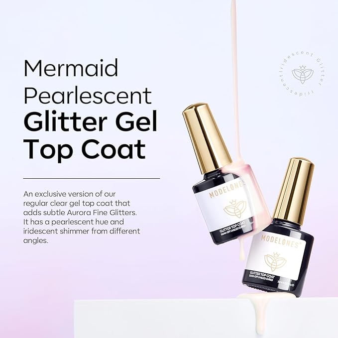 modelones Pearl Gel Nail Polish Top Coat, 2-in-one Clear Pearlescent Glitter Glossy Sparkle Finish Long Lasting Soak Off Mermaid Shimmer Manicure Nail Art Home Salon DIY