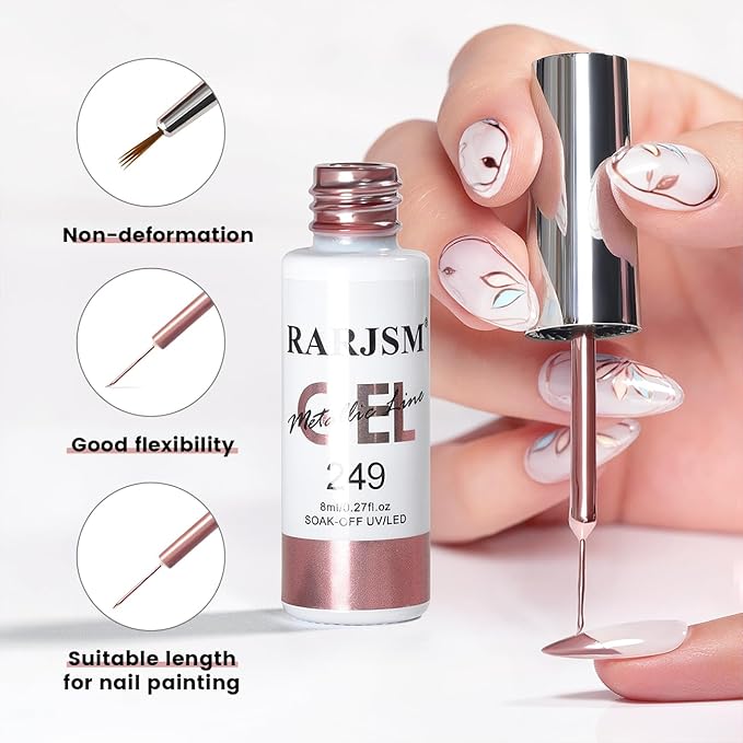 RARJSM Metallic Gel Liner Nail Art Rose Gold 3D Mirror Chrome Effect Gel Nail Polish 8ml Painting Build in Thin Brush Metal Painted Drawing Striper Gelpolish Soak off Curing Requires for Home Salon