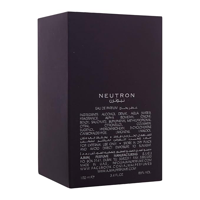 Ajmal Neutron Eau de Parfum for Men – 3.4 oz / 100 ml | Fresh Fruity-Musky & Woody Fragrance | Long-Lasting Modern Masculine Scent from Dubai