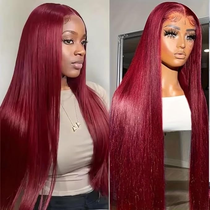 LICHANG 13x6 99J Straight Lace Front Wigs Human Hair Pre Plucked with Baby Hair for Black Women Glueless 30 Inch