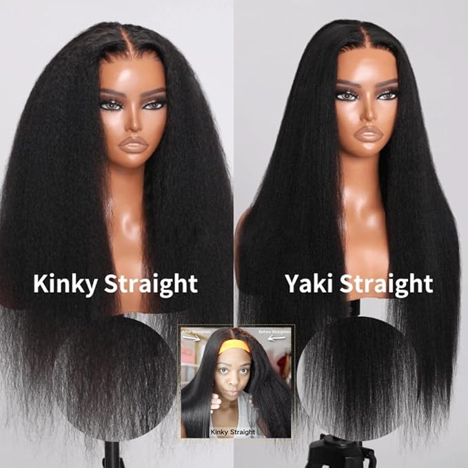 Sunber Yaki Straight Human Hair Pre Everything 13x4 Lace Frontal Glueless Wig Pre Cut Lace Pre Bleached Invisible Knots 180% Density Put on Go Bye Bye Knots No Glue 18Inch Yaki Straight Human Hair Wig