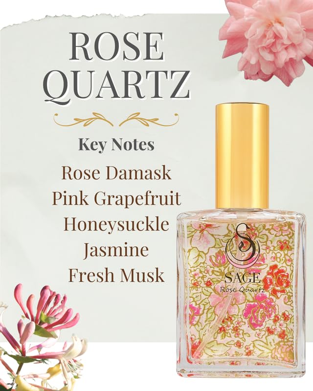 The Sage Lifestyle Rose Quartz Luxury Spray, Rose, Honeysuckle, Sandalwood, Grapefruit, Jasmine, Perfume for Women, Long Lasting, Clean Fragrance, Soft, Floral, Parfum, Artisan, 2 oz, Travel Perfume