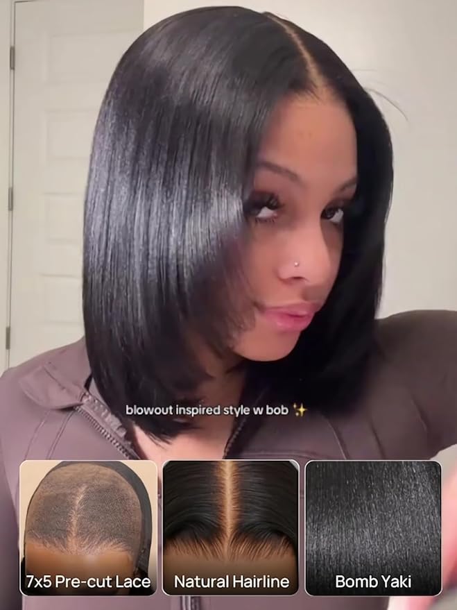 Julia Hair 10 Inch Yaki Straight Drawstring Wigs Human Hair Put On and Go Glueless Bob Wig 7x5 Bye Bye Knots Pre Plucked Pre-Cut Lace Closure Wig Beginner Friendly Black Short Yaki Bob Bleached Knots