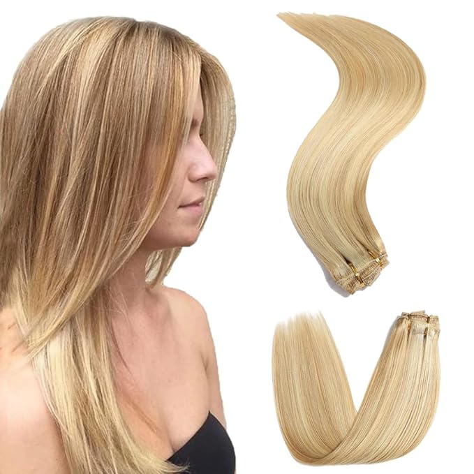 22 Inch P27/613 Blonde Clip in Hair Extensions - Real Remy Human Hair, 120g 7pcs, Highlight Blonde Human Hair Extensions Clip ins for Women