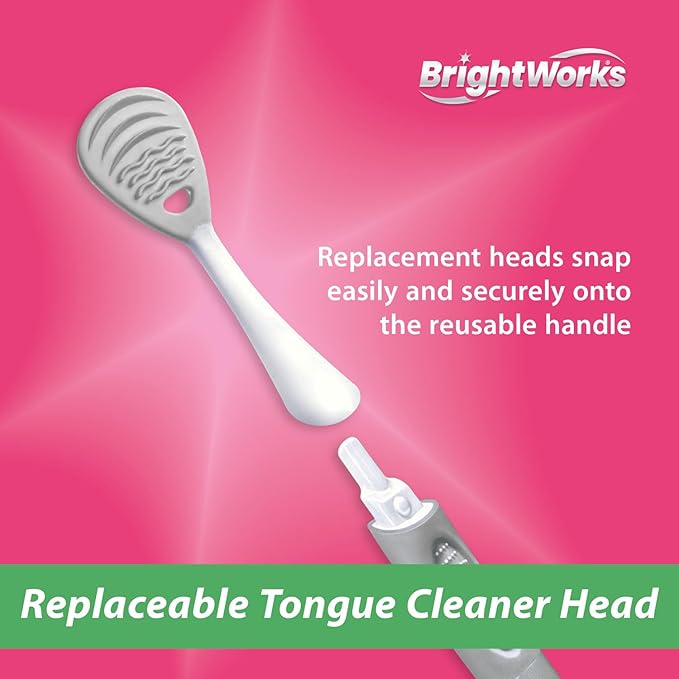 Brightworks ECO Tongue Cleaner – 100% PCR with Aluminum Handle - Dual-Sided Soft Rubber Grooves & Bristle Design - 2 Replaceable Heads + 1 Reusable Handle for Fresher Breath