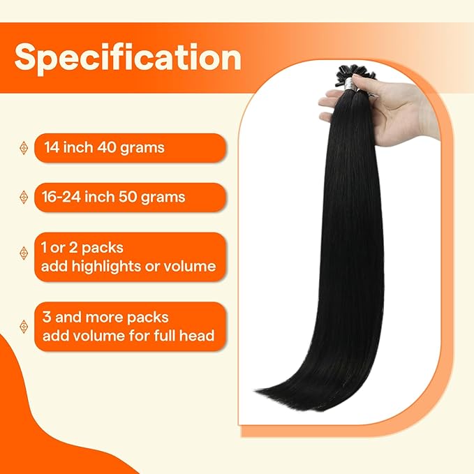 Full Shine Black U Tip Hair Extensions Human Hair 20 Inch Long Straight Remy Hair Off Black U Tip Human Hair Extensions 50 Grams Fusion Real Human Hair Keratin Bond Extensions