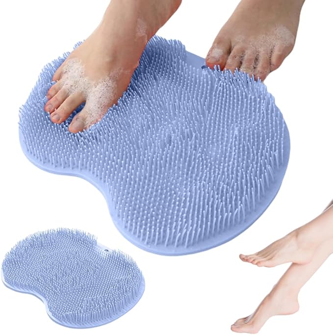 Shower Foot Scrubber Mat, 2025 New Foot Back Cleaning Pad Back Washer with Non-Slip Suction Cups, Wall Mounted Exfoliating Bath Wash Pad for Men and Women (Blue)