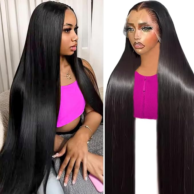34 Inch Straight Lace Front Wigs Human Hair for Women 200 Density HD Transparent Straight Lace Front Wigs Human Hair Pre Plucked Glueless Lace Frontal Wigs Natural Black