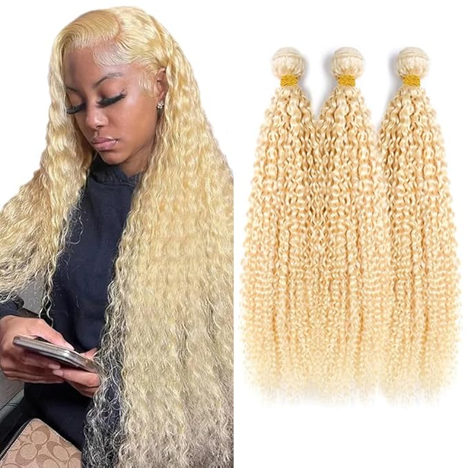 Blonde Bundles 613 Kinky Curly Bundle Human Hair Unprocessed Virgin Hair 3 Bundles 24 26 28 Inch Blonde Curly Wave Bundle Hair Weave