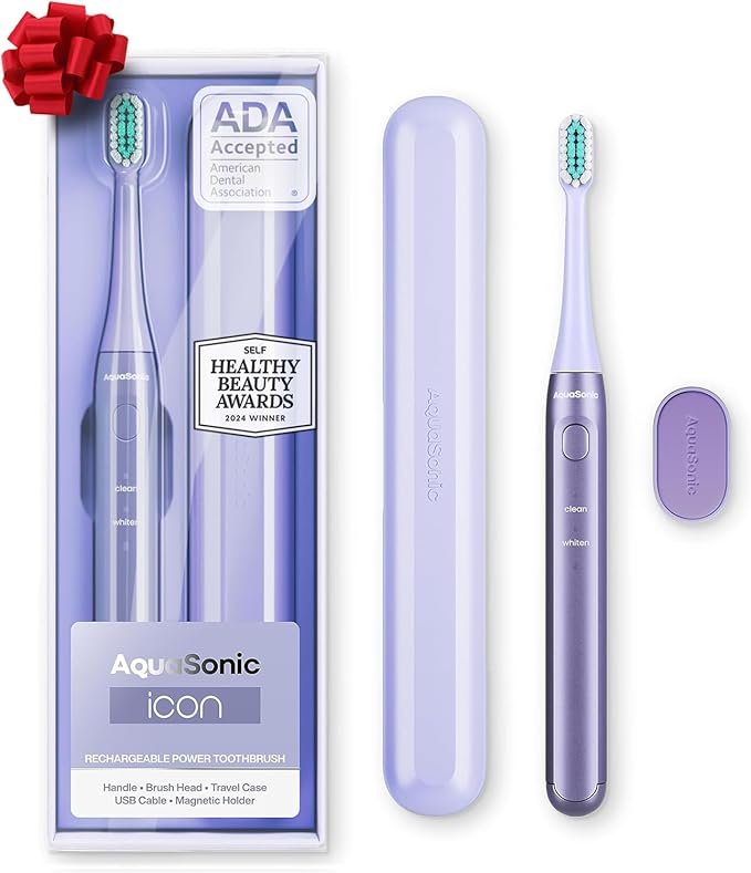 Aquasonic Icon ADA-Accepted Rechargeable Toothbrush | Magnetic Holder & Slim Travel Case | 2 Brushing Modes & Smart Timers | Gentle Micro-Vibrations (Lilac)