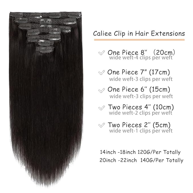 Caliee 14Inch Clip in Hair Extensions Real Human Hair Dark Brown #2 Color Double Weft Clip in Human Hair Extensions Lace Straight Invisible 120G 7Pcs for Full Head