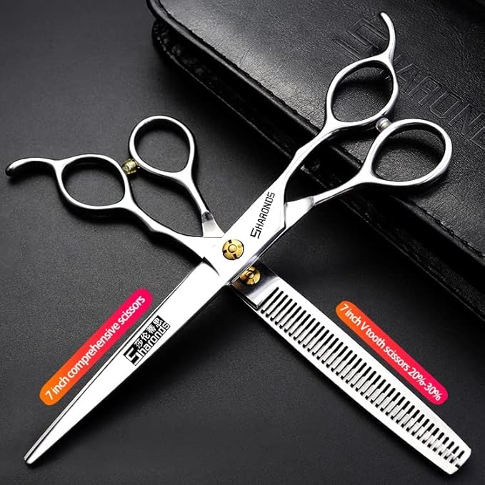 6/6.5/7 Inch Black Hairdressing Scissors Salon Hairdressing Tool 440c High Hardness Stainless Steel Haircut Hair Thinning Hairdressing Scissors (7 Inch / 2 Pieces B)