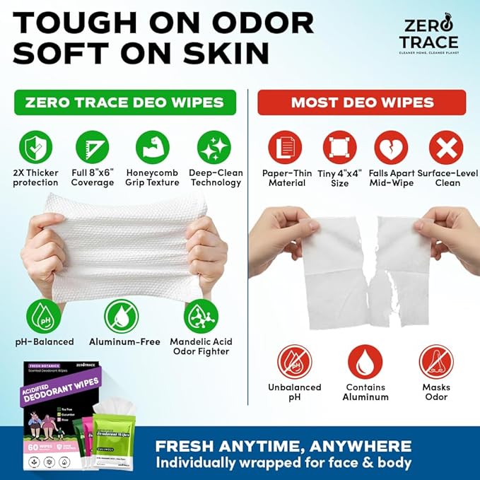 Zero Trace Travel Deodorant Wipes - 60 Count- 24 Hour Odor Control - Aluminum Free Hypoallergenic Mini Deodorant For Women and Men - Individually Wrapped Underarm & Body Wipes- Fresh Botanics
